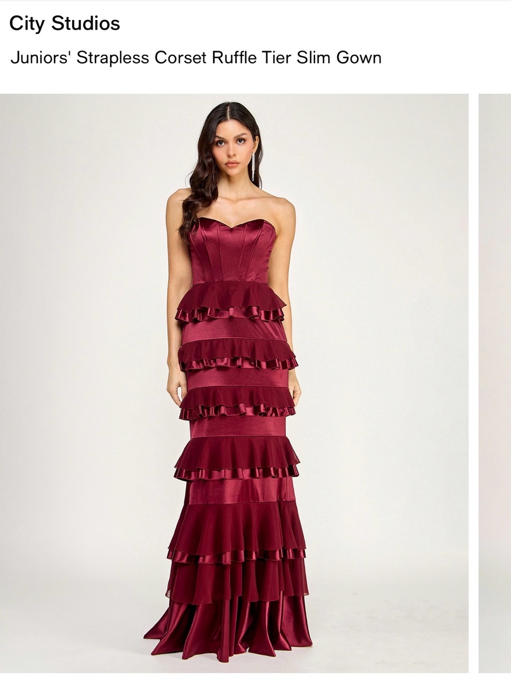 City Studios Strapless Ruffle Tier Gown in Burgundy